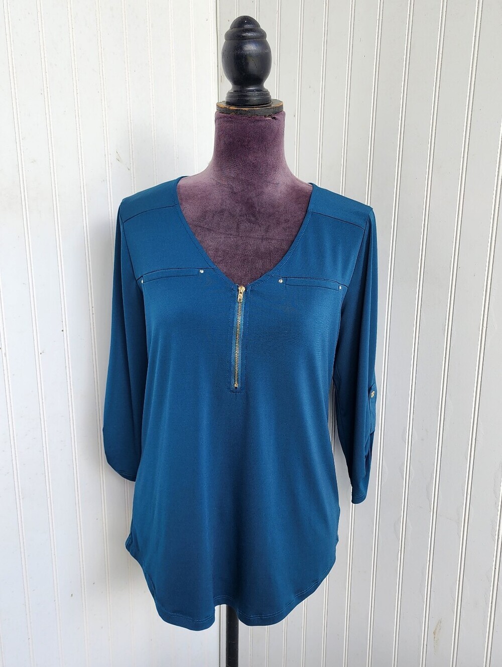 JANET CHUNG Women’s Blouse 3/4 Roll Tab Sleeve V-Neck Zip Teal Blue Green Sz S